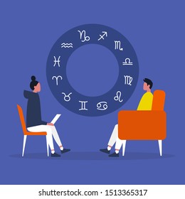 Astrologer session. Fortune telling. Zodiacal signs. Horoscope. Flat editable vector illustration, clip art. Psychic. Experience. Flat editable vector illustration, clip art