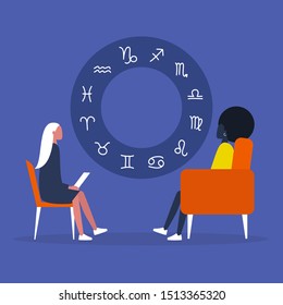 Astrologer session. Fortune telling. Zodiacal signs. Horoscope. Flat editable vector illustration, clip art. Psychic. Experience. Flat editable vector illustration, clip art