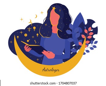 Astrologer. Silhouette of a woman with a book. Signs and symbols of Astrology and Astronomy, planets, zodiac signs, space. Violet, dark blue colors. Mysticism. Trend vector illustration in flat style.