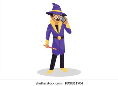 Astrologer is talking on a mobile phone. Vector graphic illustration. Individually on white background.