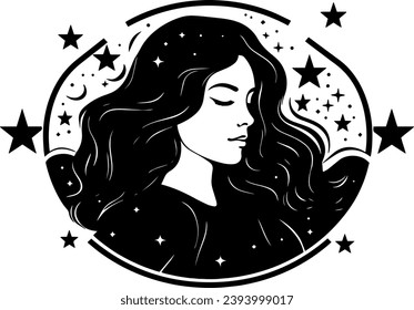 Astrologer woman logo with stars and month