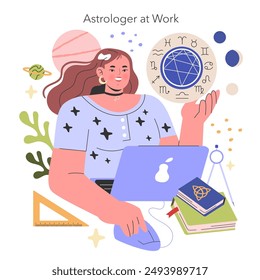 Astrólogo en el concepto de trabajo. Un astrólogo utiliza una computadora portátil y herramientas astrológicas para analizar una carta natal. Exploración de signos y planetas del zodíaco. Ilustración vectorial.