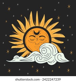 Astrologers tarot sun with symbol moon in black starry sky and cute clouds. Magic symbols. For tarot cards, postcards, invitation cards.