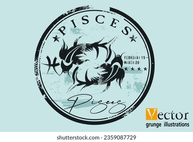 astrologi Pisces element, Abstract grunge stamp with the Pisces symbol from the horoscope, Grunge Round zodiac sign Pisces