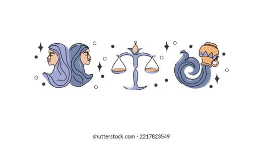 Astrological air element zodiac signs vector illustration. Horoscope icons set: gemini libra aquarius. Astrology cartoon symbol drawing for mystic logo, calendar print in boho minimal style