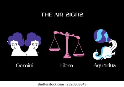 Astrological air zodiac signs. Gemini, Virgo, Aquarius, Libra Symbols. Constellations. Vector illustration isolated on background