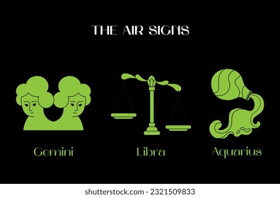 Astrological air zodiac signs. Gemini, Virgo, Aquarius, Libra Symbols. Constellations. Vector illustration isolated on background