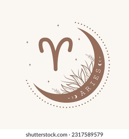 Astrological Aries zodiac sign. Horoscope icon in boho minimalist style. Mystic vector illustration. Spiritual tarot card. Hand drawn magic vintage logo.