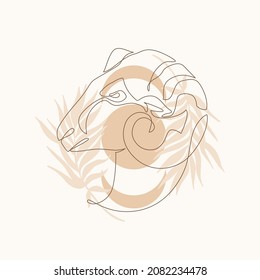 Astrológico Aries zodiac firma un dibujo de una línea. Elegante emblema de astrología, contorno de símbolo, contorno para el logo místico, huella de calendario en estilo mínimo boho. Arte abstracto vectorial del horóscopo