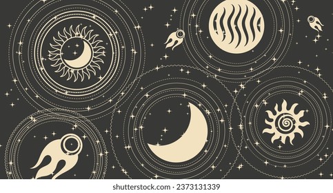 Astrological background in boho style, golden mystical esoteric symbols of the moon, sun, stars on a dark background. Print, astronomical background. Vector