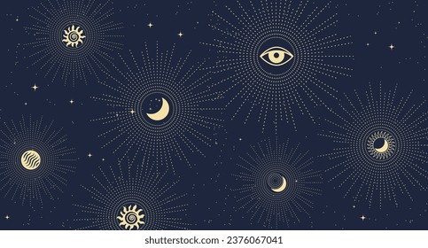 Astrological background in boho style, golden mystical esoteric symbols of the moon, sun, stars on a dark background. Print, astronomical background. Vector