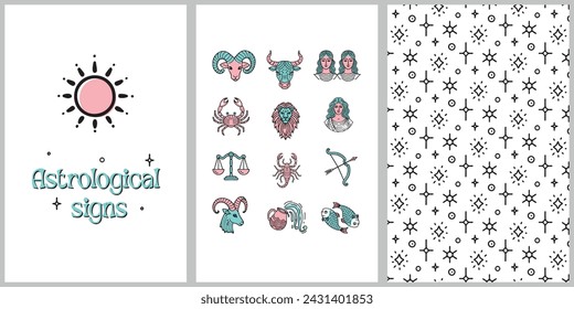 Astrological background set. Collection of zodiac signs. Seamless pattern with stars  on white. Zodiac constellations.  Vector illustration.