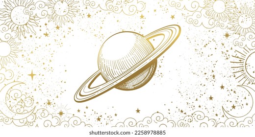 Astrological banner with the planet saturn on a white background with stars, mystical boho background for the zodiac, line drawing, vector illustration. Mystical pattern.