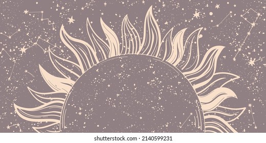 Astrological Banner With Sun Rays And Constellations, Mystical Boho Design, Tarot Background For Text. Vector Hand Drawn Illustration, Magical Natal Chart For Predicting The Future.