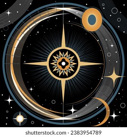 Astrological blue and gold background. Sun crescent moon star zodiac esoteric space universe vector illustration 