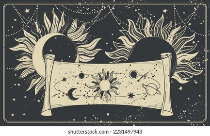 Astrological boho banner for zodiac, tarot. Mystical map of the universe with symbols of the planets, sun and moon, vector fortune telling card.