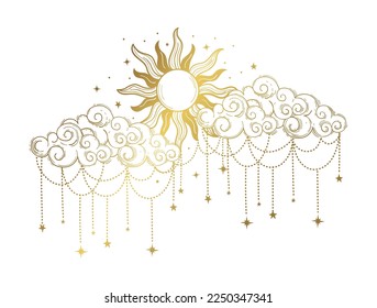 Astrological boho graphics, Heavenly golden sun with ornate clouds, zodiac sticker, mystical tattoo. Vector illustration isolated on white background.