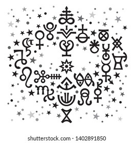 Astrological bouquet -- the excerpt of some recent astrological signs and occult mystical symbols from the Spring 1st page of portfolio. 
Astrological pattern, celestial background with stars.