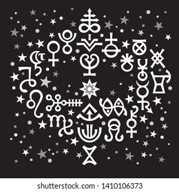 Astrological bouquet — the excerpt of some recent astrological signs and occult mystical symbols from the Spring 1st page of portfolio. 
Astrological pattern, celestial background with stars.