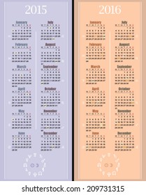 Astrological calendar. 2015 and 2016. Vertical. Highlighted Zodiac signs (based on Ephemeris, UTC) and Full Moon (UTC). Editable. Space for text, logo or image.