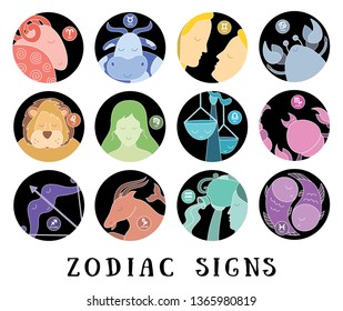 Astrological calendar collection. Zodiac signs: aquarius, libra, leo, taurus, cancer, pisces, virgo, capricorn, sagittarius, aries, gemini, scorpio. Zodiacal color vector horoscope. Colorful elements