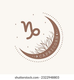 Astrological Capricorn zodiac sign. Horoscope icon in boho minimalist style. Mystic vector illustration. Spiritual tarot card. Hand drawn magic vintage logo.