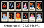 Astrological Cards of constellations and zodiac signs, star horoscopes in cartoon style. Cancer, Pisces, Scorpio, Virgo, Aquarius, Capricorn, Taurus, Libra, Leo, Sagittarius, Gemini, Aries. Magic card