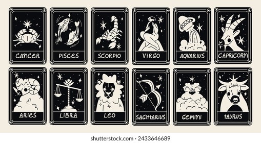 Astrologische Karten von Sternbildern und Sternzeichen, Sternhoroskope im Cartoon-Stil. Krebs, Fische, Skorpion, Jungfrau, Wassermann, Steinbock, Stier, Waage, Löwe, Schütze, Zwillinge, Widder. Zauberkarte