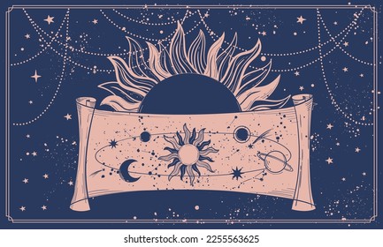 Astrological celestial banner for the zodiac, tarot. Mystical map of the universe with symbols of planets, sun and moon, witch vector vintage illustration.