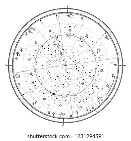 Mapa Celestial Astrológico del Hemisferio Norte. 
Horóscopo el 1 de enero de 2019 (00:00 GMT). 
Esquema detallado con símbolos y signos de Zodiaco, planetas, asteroides 