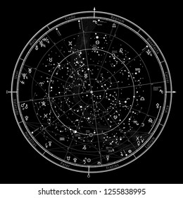Astrological Celestial map of Northern Hemisphere. Horoscope on January 1, 2019 (00:00 GMT). 
Detailed outline chart with symbols and signs of Zodiac, planets, asteroids & etc.