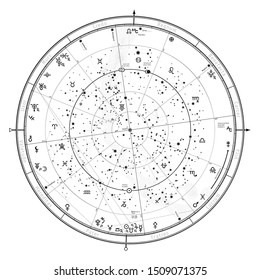 Mapa Celestial Astrológico del Hemisferio Norte. El Horóscopo Universal General el 1 de enero de 2020 (00:00 GMT). Gráfico detallado con símbolos y signos de Zodiaco, planetas, asteroides 