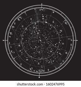 Astrological Celestial Map of The Northern Hemisphere. The General Global Universal Horoscope on January 1, 2020 (00:00 GMT). Detailed chart with symbols and signs of Zodiac, planets, asteroids & etc.