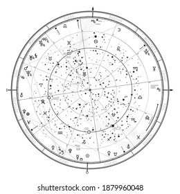 Astrological Celestial Map of The Northern Hemisphere. The General Global Universal Horoscope for January 1, 2021 (00:00 GMT). Detailed chart with symbols and signs of Zodiac, planets, asteroids, etc.