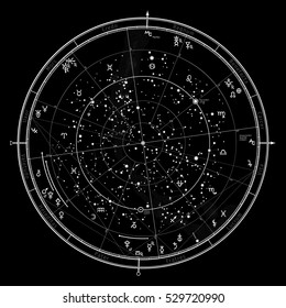 Astrological Celestial map of Northern Hemisphere. Horoscope on January 1, 2017 (00:00 GMT). 
Detailed chart with symbols and signs of Zodiac, planets, asteroids & etc.