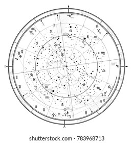Astrological Celestial map of Northern Hemisphere. Horoscope on January 1, 2018 (00:00 GMT). 
Detailed outline chart with symbols and signs of Zodiac, planets, asteroids & etc.