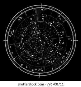 Astrological Celestial map of Northern Hemisphere. Horoscope on January 1, 2018 (00:00 GMT). 
Detailed outline chart with symbols and signs of Zodiac, planets, asteroids & etc.