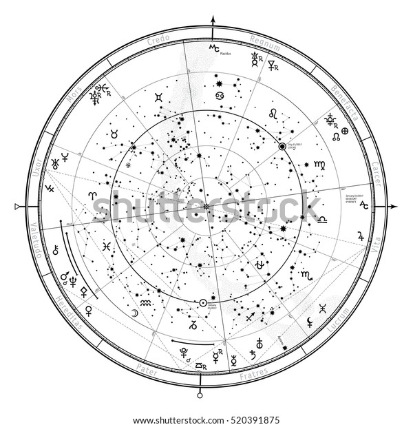 北半球の天体図 ホロスコープ17年1月1日 00 00 Gmt 星座 惑星 小惑星の記号と記号を含む詳細な概略図 のベクター画像素材 ロイヤリティフリー