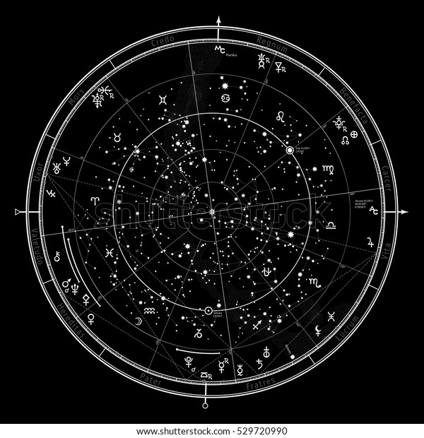 北半球の天体図 ホロスコープ17年1月1日 00 00 Gmt 星座 惑星 小惑星の記号と記号を含む詳細図 のベクター画像素材 ロイヤリティフリー