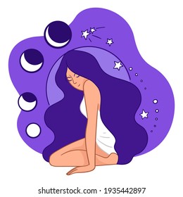 Astrological changes and moon cycle, woman sitting by calendar and stars. Astrology and astronomy, elegant female character with long hair symbol of femininity and space. Vector in flat style