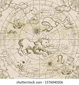 Astrological chart of the starry sky. Leo constellation. Seamless patterns. Hand drawing.