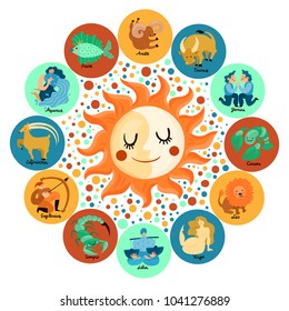 Astrological circle with zodiacal signs around moon and sun on colorful stained background vector illustration