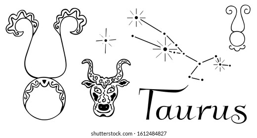 Astrological clip art black and white isolated zodiac sign symbols Taurus hand-drawn. Two pictograms, constellation, patterned head of a bull, star and inscription. For coloring and horoscopes. Vector