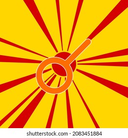 Astrological connection symbol on a background of red flash explosion radial lines. A large orange symbol is located in the center of the sunrise. Vector illustration on yellow background