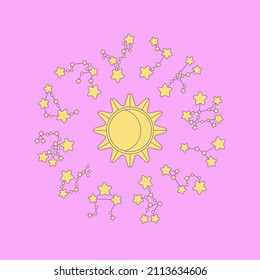 Astrological constellations around the sun. Cute baby vector illustration