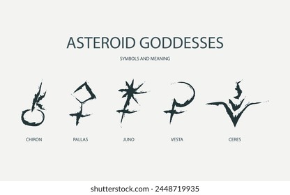 Astrological designations, aspects for astrologer. the meaning of the planets. Vector set pictogram elements constellation illustration for ancient alchemy: chiron, pallas, juno, vesta, ceres.