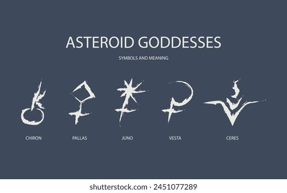 Astrological designations, aspects for astrologer. the meaning of the planets. Vector set pictogram elements constellation illustration for ancient alchemy: chiron, pallas, juno, vesta, ceres.