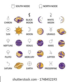 Designaciones astrológicas de planetas y aspectos para astrólogo. Luna Negra, horóscopo, gráfico natal, el significado de los planetas, estudio de la astrología. Conjunto de iconos con planetas y sus símbolos