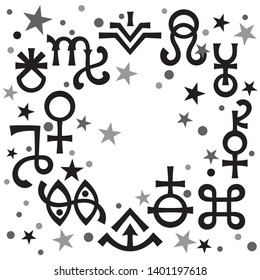 Astrological diadem -- the excerpt of some recent astrological signs and occult mystical symbols. Astrological pattern, black-and-white celestial background with stars.