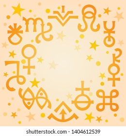 Astrological diadem -- the excerpt of some recent astrological signs and occult mystical symbols. 
Astrological pattern, warm morning celestial background with stars.